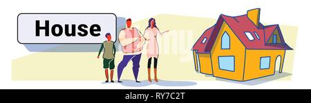Famiglia i genitori e figlio di fronte della grande casa moderna residenza station wagon nuovo home esterno colorato disegno doodle banner orizzontale Illustrazione Vettoriale