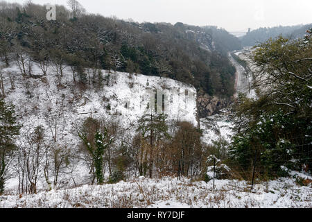 Il Gulley & Avon Gorge nella neve, Bristol, Regno Unito Foto Stock