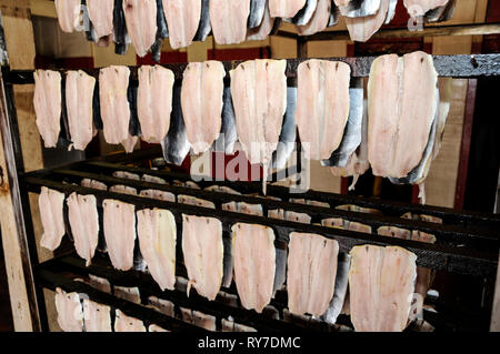 Materie con salmone essendo preparato per fumare a Mori con salmone, un azienda di famiglia sin dal 1770, in Peel sulla costa occidentale dell'Isola di Man, Gran Bretagna. A pochi Foto Stock