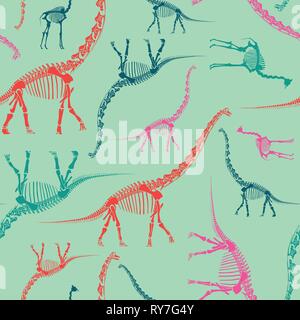 Scheletro di dinosauro Seamless Pattern sul Menta. Luminoso e colorato sfondo Illustrazione Vettoriale