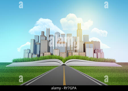 3D rendering di strada asfaltata che conduce alla città di grattacieli costruiti su un libro aperto sul cielo blu sullo sfondo Foto Stock