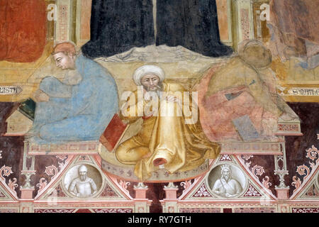 Il Trionfo di San Tommaso d Aquino di eretici, medici, virtù affresco in Santa Maria Novella principale chiesa domenicana di Firenze Foto Stock