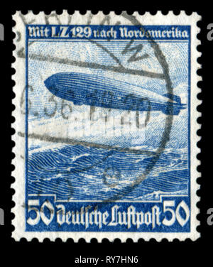 German Historical timbro: voli mesatlantica L. Z. 129 (dirigibile Hindenburg "') sull'oceano Atlantico con la cancellazione, il disaster recovery e il terzo Reich Foto Stock