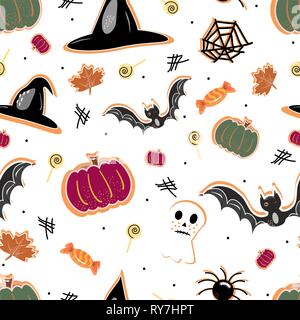 Halloween pattern seamless sfondo con zucca, bat, lecca-lecca, ghost. Mano elementi di disegno Illustrazione Vettoriale