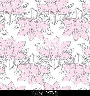Rosa Magnolia Disegno della linea Seamless Pattern sul bianco. Design Il design dello sfondo Illustrazione Vettoriale
