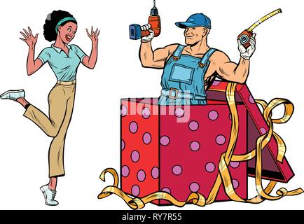 Trapanare lavoratore holiday gift box. Donna africana divertente isolare di reazione su sfondo bianco Illustrazione Vettoriale