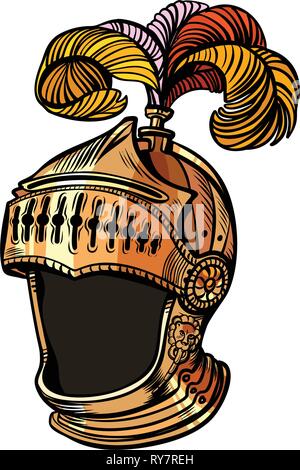 Casco cavaliere con piume isolare su sfondo bianco Illustrazione Vettoriale