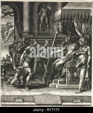 La calunnia di Apelle, che è, 1560. Giorgio Ghisi (Italiano, 1520-1582), dopo Luca Penni (italiano, 1500/04-1557). L'incisione; foglio: 37,3 x 32,3 cm (14 11/16 x 12 11/16 in.); platemark: 36,9 x 31,9 cm (14 1/2 x 12 9/16 in Foto Stock