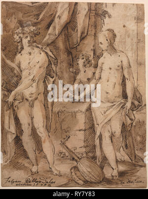 Apollo con Erato e Cupido, 1595. Johann Kellerthaler (tedesco, c 1560/2-1611). Penna e inchiostro nero e marrone accresciuta di lavaggio con gouache bianco ; foglio: 19.1 x 15 cm (7 1/2 x 5 7/8 in Foto Stock