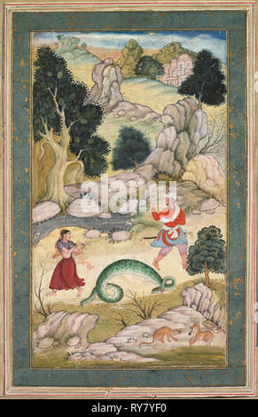 Gli amanti troncatura, pagina da un libro di favole, c. 1590-95. India del Nord, Corte Mughal, del XVI secolo. Acquerello opaco con oro su carta montata su un album leaf con frontiere interne di oro-spruzzata blu e carta pianura esterna crema frontiere (recto); pagina: 36,1 x 24,8 cm (14 3/16 x 9 3/4 in Foto Stock