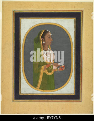 Corte lady versando il vino, c. 1760. India, Mughal, XVIII secolo. Acquerello opaco con oro su carta (recto); miniatura: 20,6 x 14,6 cm (8 1/8 x 5 3/4 in Foto Stock