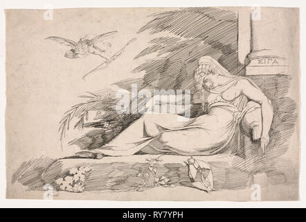 La donna addormentata con un amorino, 1780-1790. Henry Fuseli (Swiss, 1741-1825). Incisione; foglio: 22,5 x 34 cm (8 7/8 x 13 3/8 in Foto Stock