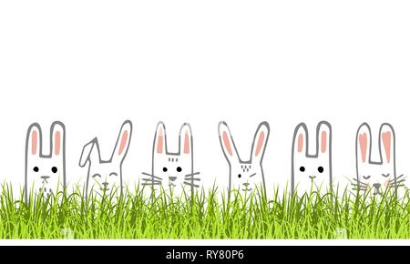 Felice Pasqua banner con bunny facce ed erba. I conigli di frontiera o biglietto di auguri. Vettore. Illustrazione Vettoriale