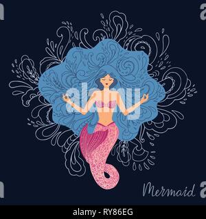 Illustrazione vettoriale di una meditazione mermaid con capelli fluenti sul fondo dell'oceano con conchiglie nelle sue mani. Contro lo sfondo di Marin Illustrazione Vettoriale