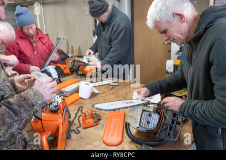 Competenze forestali istruzione: le persone che hanno preso parte ad una giornata di workshop di formazione in quanto per la cura e per usare in tutta sicurezza una motosega. Wales UK Foto Stock