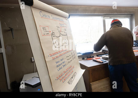 Competenze forestali istruzione: le persone che hanno preso parte ad una giornata di workshop di formazione in quanto per la cura e per usare in tutta sicurezza una motosega. Wales UK Foto Stock