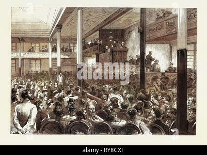 Il diritto di riunione a Parigi: M. Ducasse parlando a La Salle Des Folies-Belleville 1869 Francia Foto Stock