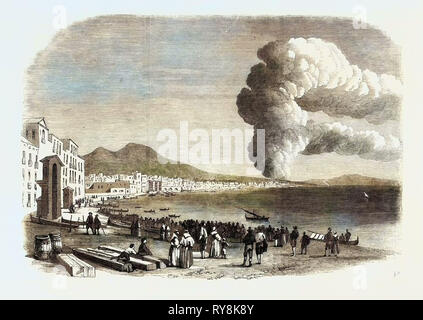 Eruzione del Vesuvio vicino ai piedi della collina tra Resina e Torre del Greco come si vede dalla Marinella a Napoli il 28 dicembre 1861 Foto Stock