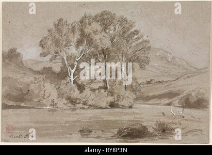 Visualizzare nei pressi di Tivoli (Vue prise à Tivoli), 1857. Jean Achille Benouville (Francese, 1815-1891). Lavaggio marrone (con il punto di lavoro della spazzola) con lavaggio grigio e grafite, rafforzata con il bianco (vernice/gouache); foglio: 18,7 x 27,4 cm (7 3/8 x 10 13/16 in Foto Stock
