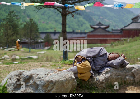 Il monaco cinese nel sonno nel tempio buddista, il giardino del tempio, Wutai Shan, Shanxi, Cina Foto Stock