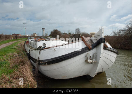 Fascio largo chiatta olandese "warte Schaep' ormeggiato a Semington sul Kennet and Avon Canal, Wiltshire, Regno Unito. Foto Stock