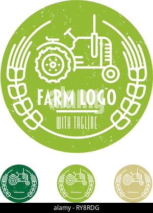 Verde logo agricola modello con il trattore e ritagliare la linea tecnica illustrazione vettoriale. Campione testo su strato extra Illustrazione Vettoriale