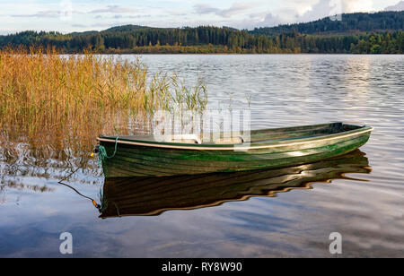 Una barca a remi ormeggiate sulle sponde del Loch Ard Foto Stock