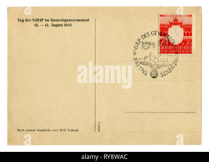 German Historical cartolina postale: il retro della cartolina con timbro: anniversario di 3 anni dopo la fondazione della NSDRP governatore generale della Polonia Foto Stock