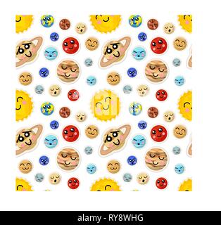 Un sacco di bright cartoon pianeti del sistema solare con facce carine, seamless pattern su bianco Illustrazione Vettoriale