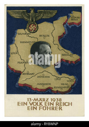 German Historical cartolina: un plebiscito sulla questione dell'annessione dell'Austria, "ein volk ein reich ein führer" 1938, Germania, Terzo Reich Foto Stock