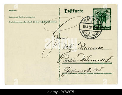 Retro del German Historical cartolina: Calligraphy calligrafia con riccioli, inchiostro nero, cancellazione Berlin Wilmersdorf Aprile 10, 1938, timbro stampato Foto Stock