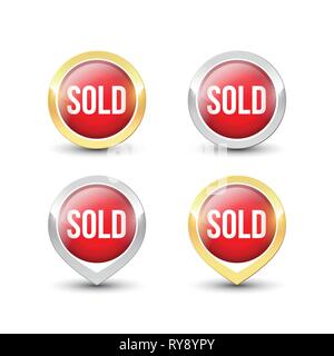 Rotondo rosso venduto i pulsanti e puntatori con oro metallizzato e argento confine. Etichetta del vettore icone isolati su sfondo bianco. Illustrazione Vettoriale
