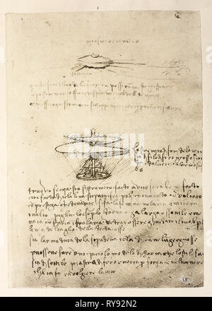 Leonardo da Vinci Helicopter design, Flying machine drawing, relativo ai suoi studi sul volo artificiale. Foto Stock
