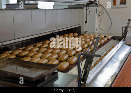 Angolo di alta vista di pane sulla linea di produzione in fabbrica Foto Stock