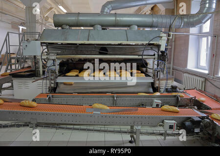 Pane cotto elaborazione sul nastro trasportatore in fabbrica Foto Stock