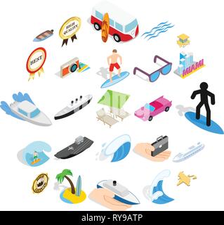 Vacanze in spiaggia set di icone, stile isometrico Illustrazione Vettoriale