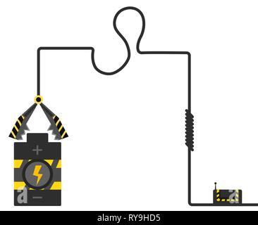 Batteria elettrica carica morsetto collegato via cavo, Cartoon illustrazione vettoriale, orizzontale, isolato Illustrazione Vettoriale