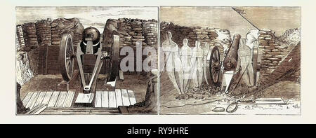 Armi da assedio e lavori di sterro, esperimenti di Artiglieria a Eastbourne: immagine sinistra: A 64 Pounder Gun in posizione di fuoco alla batteria di difesa, diritto di immagine: Effetto del 160 Pounder Shell da obice su una pistola e il falso attacco della batteria di difesa Foto Stock