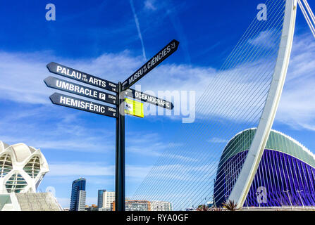 Segnaletica, Città delle Arti e delle Scienze di Valencia, Valencia Spagna Europa Foto Stock