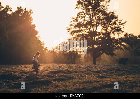 Unica donna con capelli lunghi camminare da solo su un campo di gras di fronte a un albero durante il tramonto. Il suo volto non è visibile. Foto Stock