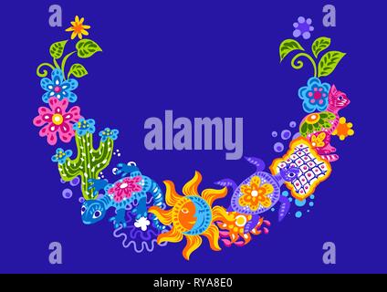 Decorazione messicana con graziosi ingenuo oggetti d'arte. Illustrazione Vettoriale