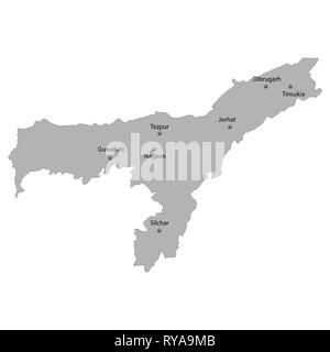 Alta qualità mappa di Assam è uno stato dell India, con città principale ubicazione Illustrazione Vettoriale