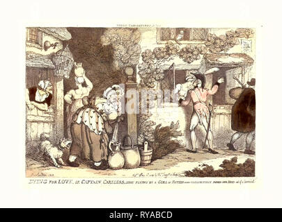 Thomas Rowlandson (British, 1756 1827 ), morire per amore, o capitano incurante Shot battenti da una ragazza di quindici, che inaspettatamente schioccato la sua testa al di fuori di un serramento, 1810, lato attacco colorati Foto Stock