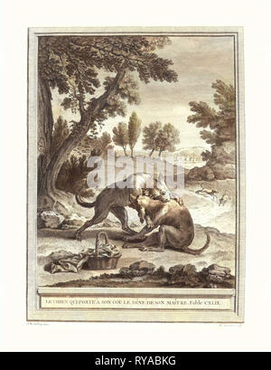 Martin Marvie dopo Jean-Baptiste Oudry (francese, 1713 - 1813 ), Le Chien Qui Porte un figlio Cou Le Diner De Son Maitre (il cane che porta il suo Maestro's Supper), pubblicato 1756, Hand-Colored attacco, dono del sig. e della sig.ra George W. Ware Foto Stock