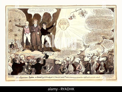 Il sistema Logierian, o svelare la nuova luce per voi mondo musicale. Con la scoperta di un generale Thoro' Base [alterati per Bass]discordia nella vecchia scuola, Cruikshank, George, 1792-1878, Logier, con due sostenitori, sorge su una piattaforma, disegno da parte una tenda irradiato dalla testa di donna, con caratteristiche classiche e di una corona di alloro Foto Stock