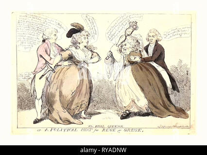 Il rivale Queens o un calore politico per Rege & greggia, incisione 1789, un incontro tra due poderosi Ladies, la sig.ra Fitzherbert e la Sig.ra Schwellenberg, ciascuno con un secondo: il Principe di Galles, le sue mani sulla sua signora della vita e Pitt tenendo fuori un limone al furioso donna tedesca, che suscita una massiccia scettro in entrambe le mani per colpire il suo avversario Foto Stock