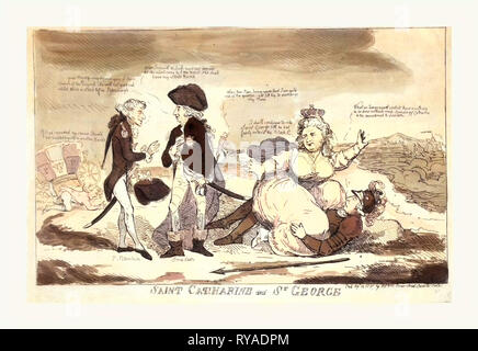 Saint Catharine e San Giorgio, incisione 1791, Potemkin indirizzamento di un uomo identificato come la Svezia con il suo ritorno a Caterina II come ella suggestivamente Monti San Giorgio che è vestito come un cavaliere in rappresentanza di George III Foto Stock