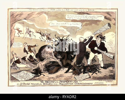 La morte della proprietà fiscale! O 37 ferite mortali per i ministri e i commissari Inquisitoral!, Cruikshank, George, 1792-1878, incisione 1816, Henry Brougham, John Bull e la British Lion (Leo Britannicus) attacca una Hydra che rappresenta la Proprietà fiscale. A coda del mostro il sig. Tierney racconta Britannia a salire. In background, Liverpool, il Regent, Castlereagh e Vansittart affrettare su un pendio con un Sign-Post sottolineando l economia Foto Stock