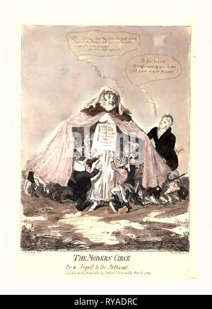 Il moderno Circe o un sequel di Petticoat, incisione 1809, la sig.ra Mary Anne Clarke, indossando il Duca di York del mantello militare, si estende anche a coprire una folla di soldati in miniatura, civili ed ecclesiastici il Clustering intorno a lei con le braccia tese, il sig. Waddle (Sig. Wardle), in piedi sul lato, sguardi a lei e le dichiara il suo fascino Foto Stock