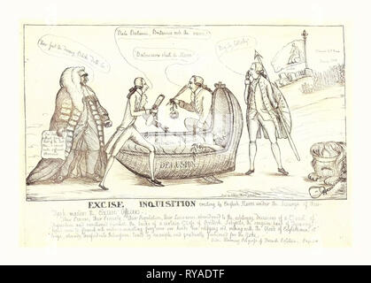 Le accise Inquisizione erigere da English schiavi sotto il flagello della loro Task-Masters accise ufficiali, ammaccature, William, active 1783-1793, artista, Inghilterra, En Sanguine incisione 1790, un British satira su un tentativo da parte di William Pitt e George Rose di trasferire al diritto di accisa taluni dazi all'importazione, in piedi in opposizione è Edward Thurlow. L'immagine centrale mostra Britannia, avvolto in un mantello interno marcata delle accise, essendo cullato in una culla da Pitt e Rose. Un altro uomo, eventualmente William Mainwaring, è in possesso di Britannia la lancia e lo scudo che è etichettata Maner e dicendo da Foto Stock